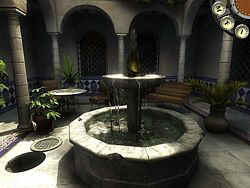 Another snug backyard, this time with a purling fountain