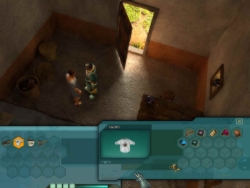 The T-shirt, which this merchant wants to sell, wears the logo of the developers of this game